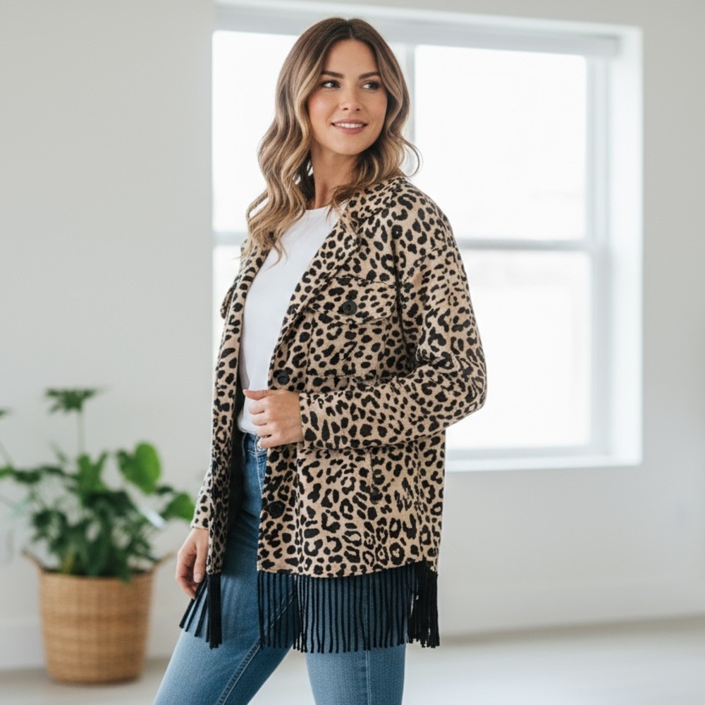 Cato Leopard Print Fringe Blazer